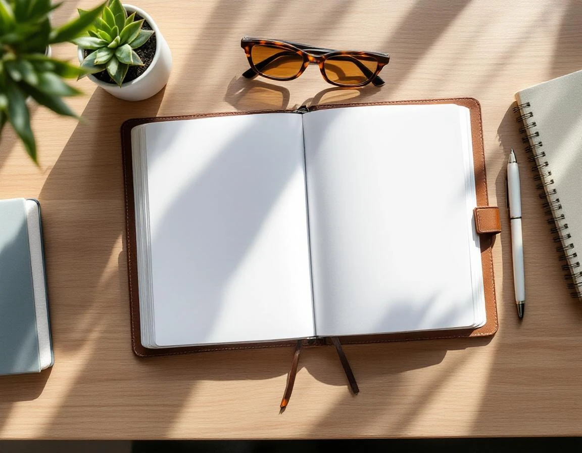 Minimalist desk workspace with planner and office accessories in natural lighting