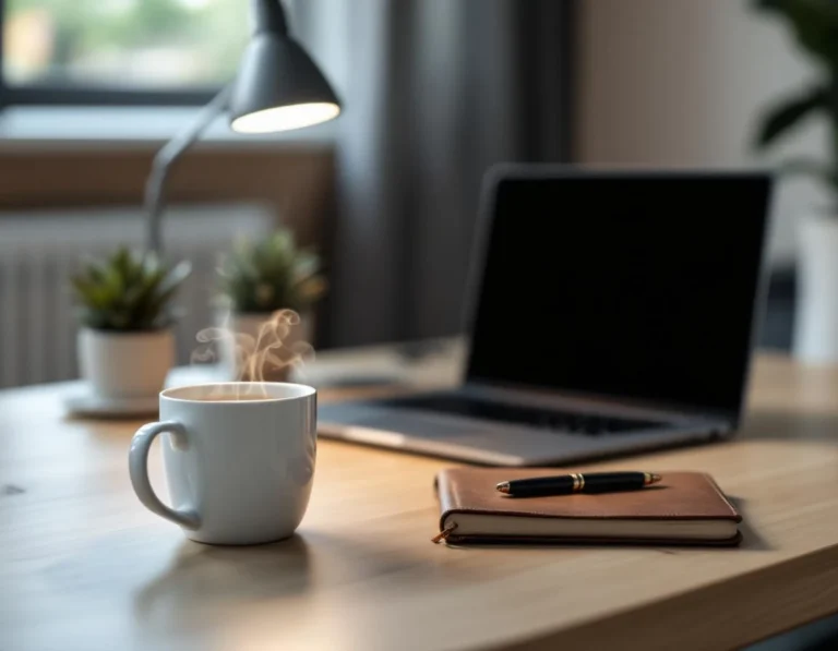 Home office workspace with coffee and notebook, laptop blurred in background