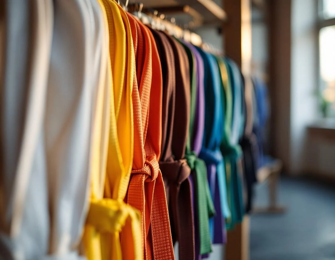 Martial arts belt ranks displayed in progression order from white to black on wooden rack
