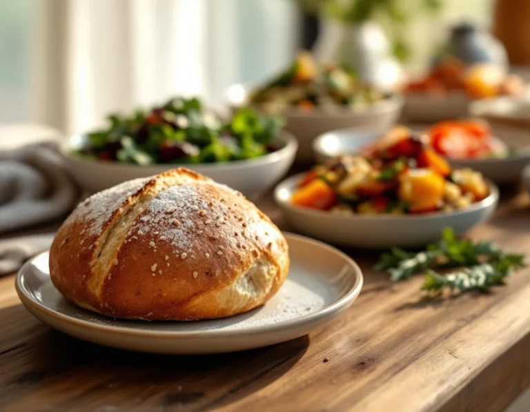 Artisan whole grain roll and fresh vegetable salads on rustic table in natural afternoon light