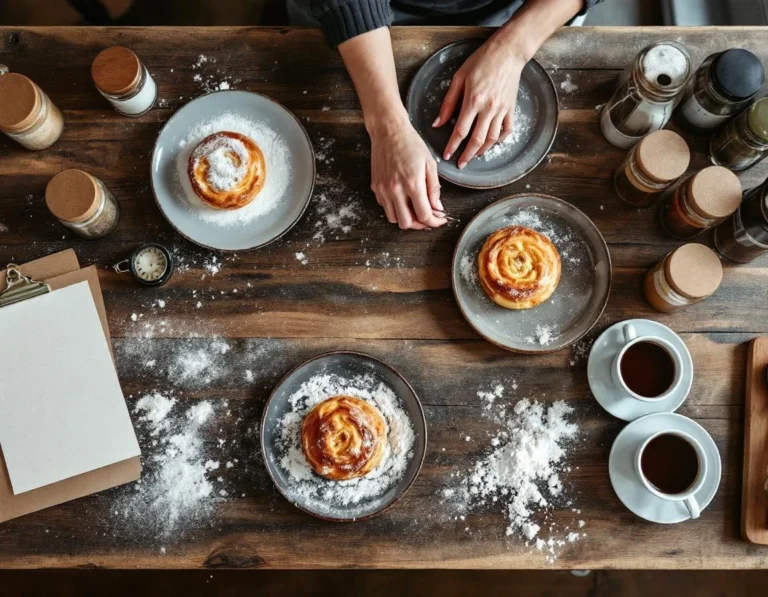 Bakery workspace with pastries being plated alongside coffee cups and order planning materials