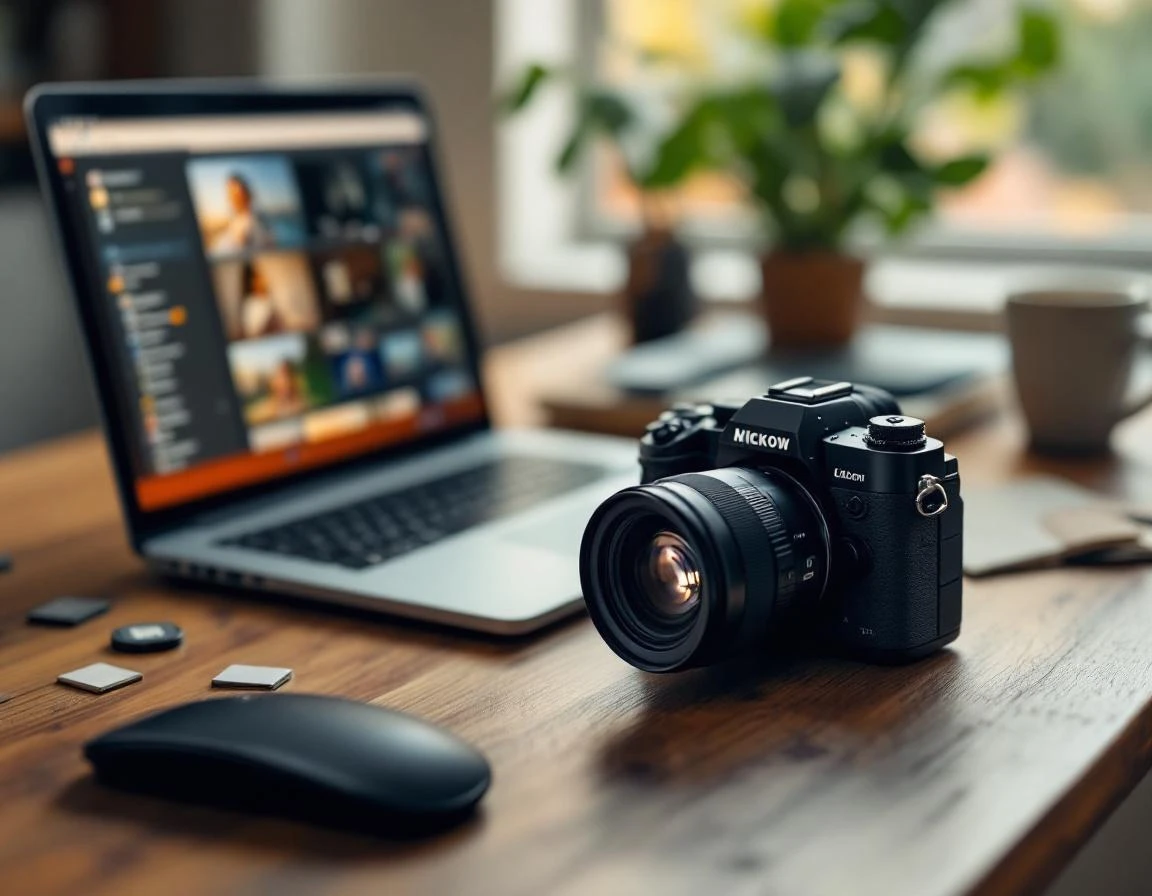 Wedding photographer workspace with camera and laptop showing content research and keyword planning workflow