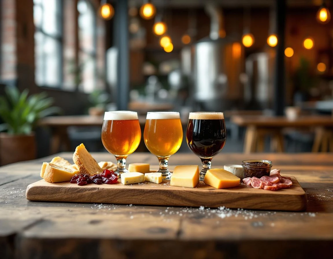 Craft beer flight and charcuterie board in natural taproom lighting with authentic foam texture and depth of field