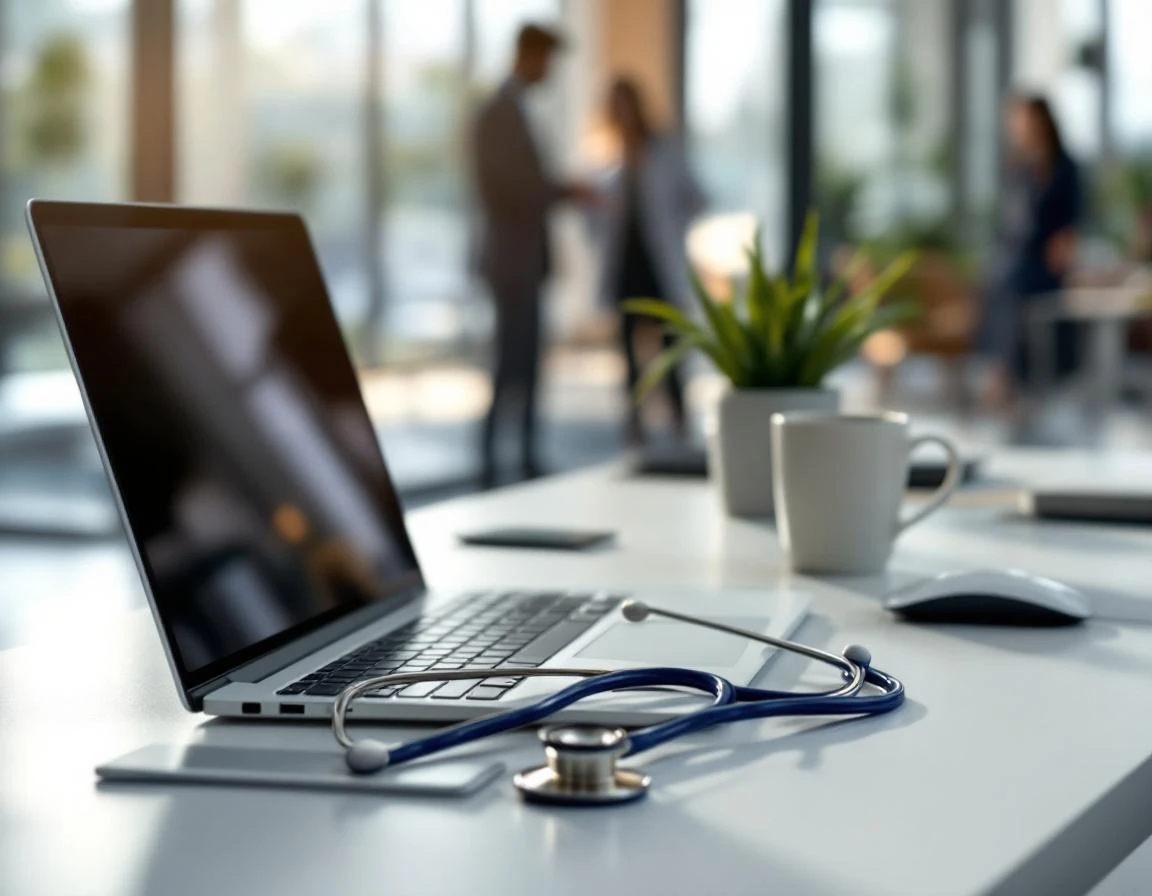 Healthcare workspace with stethoscope, closed laptop, and office background showing medical practice environment