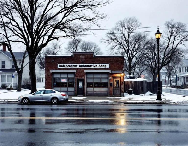 Independent tire shop on quiet residential street during early spring with wet pavement and bare trees