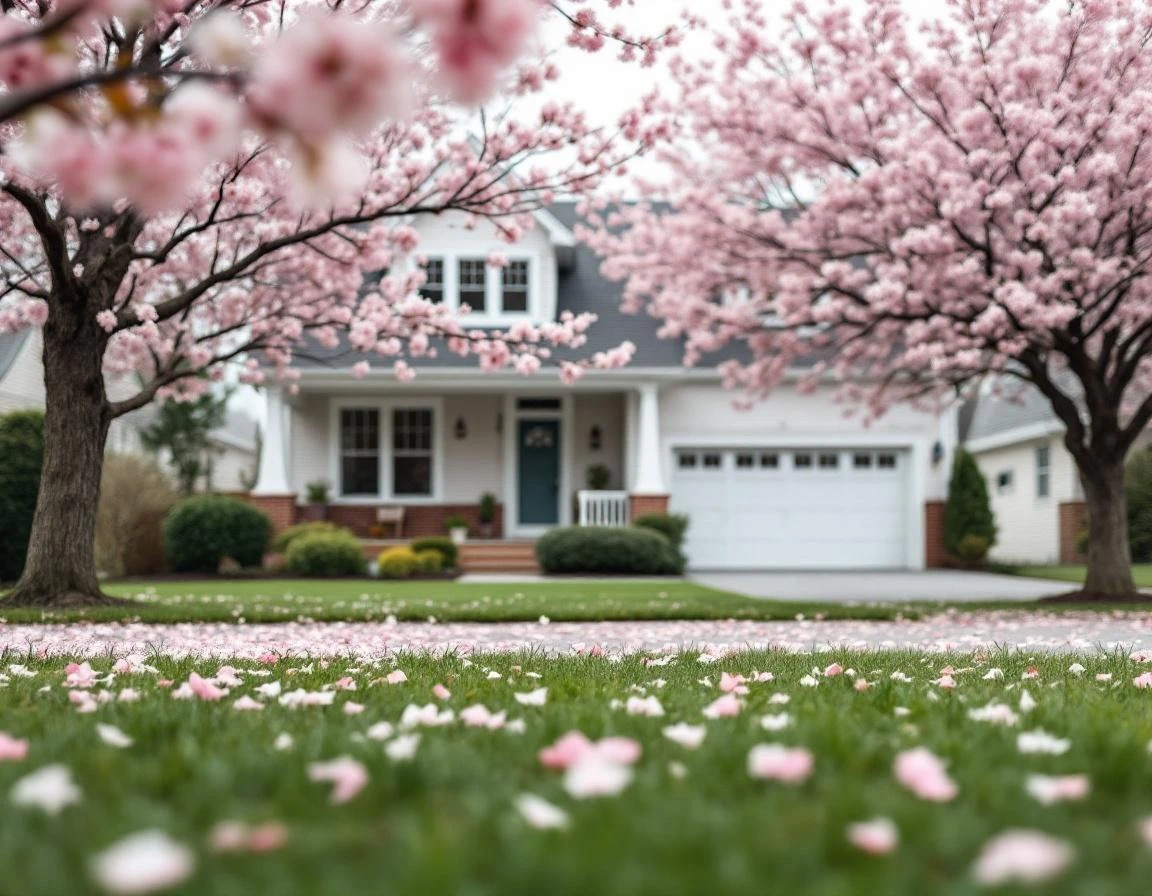 Suburban home with cherry blossoms on quiet residential street during spring season