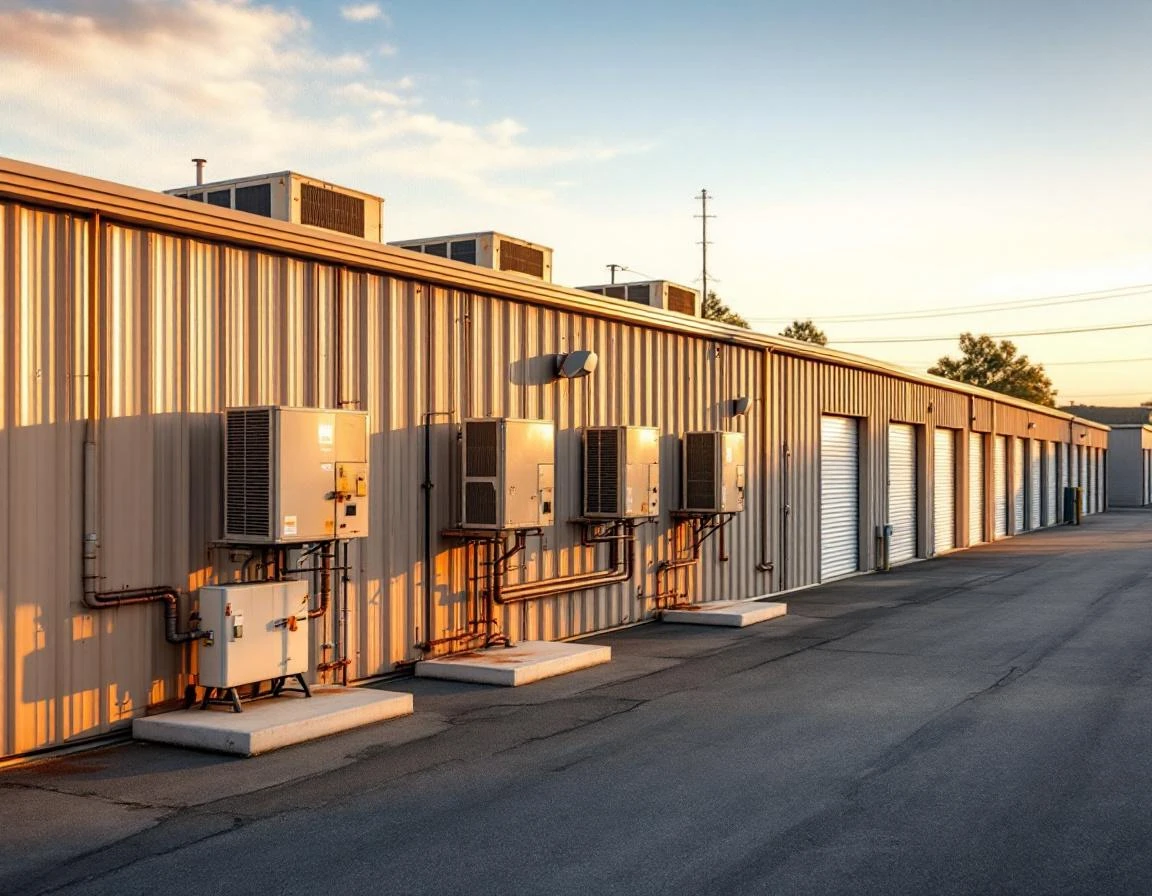Climate control HVAC units mounted on self-storage facility exterior showing installation configurations