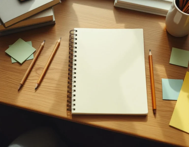Clean study workspace with blank notebook, wooden pencils, and textbooks on oak desk with natural lighting