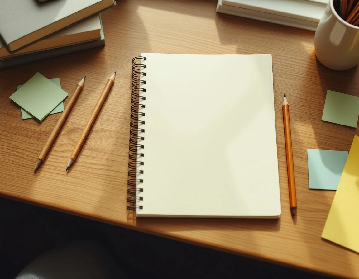 Clean study workspace with blank notebook, wooden pencils, and textbooks on oak desk with natural lighting