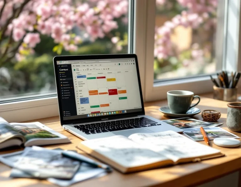 Home office workspace showing content calendar, landscape design sketches, and spring garden planning materials
