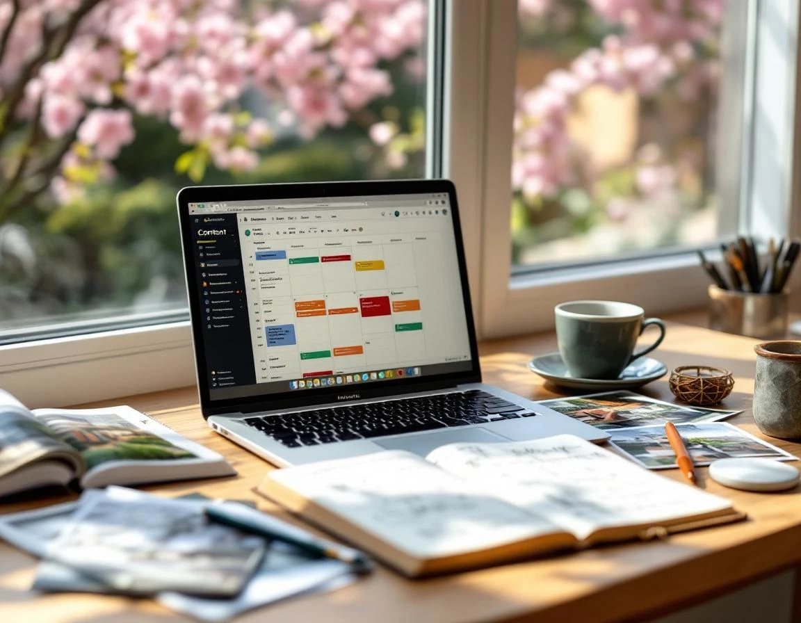 Home office workspace showing content calendar, landscape design sketches, and spring garden planning materials