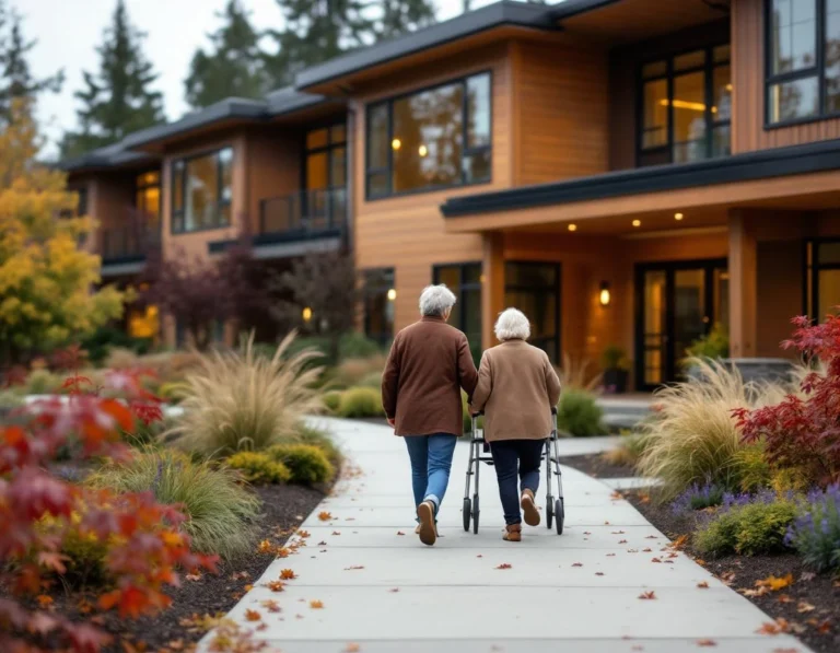 Adult daughter walking with elderly mother toward assisted living facility entrance on autumn afternoon