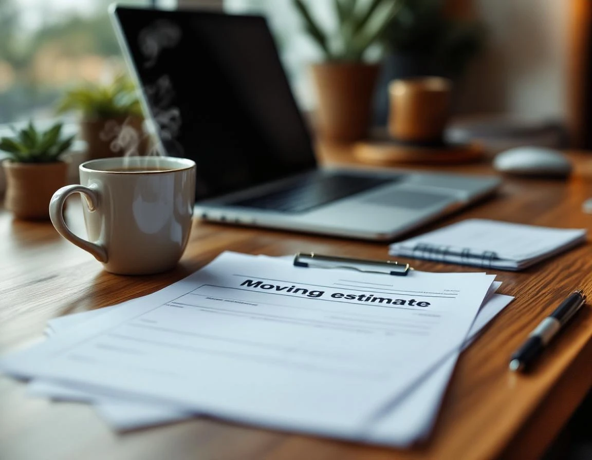 Moving estimate documents on desk with coffee, all text intentionally blurred and unreadable