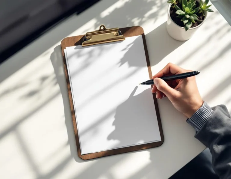 Blank inspection checklist on wooden clipboard with pen positioned for documentation of cleaning tasks