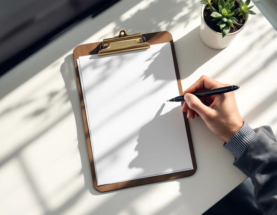 Blank inspection checklist on wooden clipboard with pen positioned for documentation of cleaning tasks