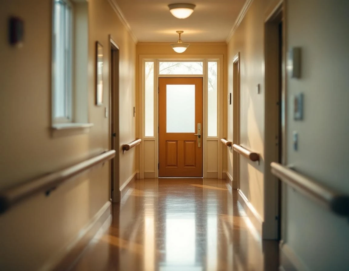 Senior care facility corridor with handrails and accessible doorways bathed in natural light