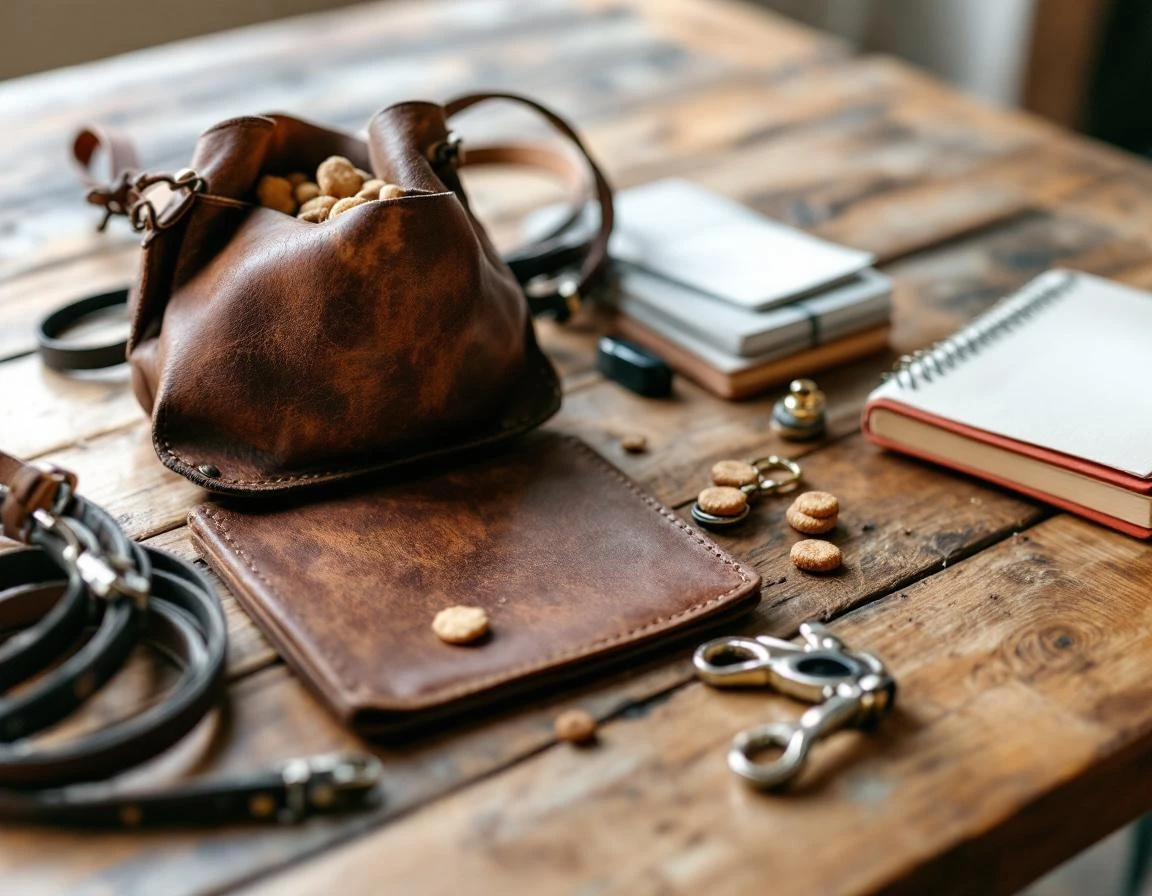 Professional dog training equipment and materials arranged on weathered wooden workspace