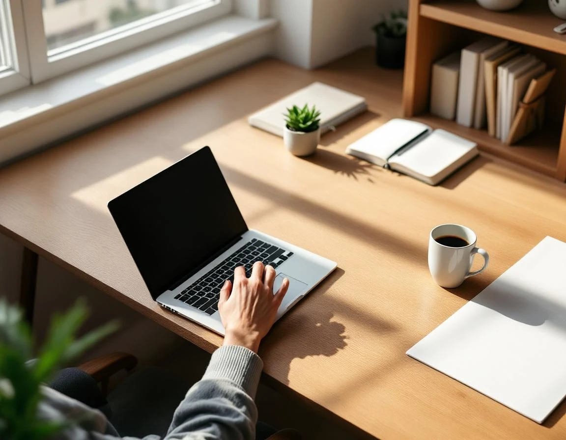 Organized home office desk with laptop and coffee mug in natural morning light