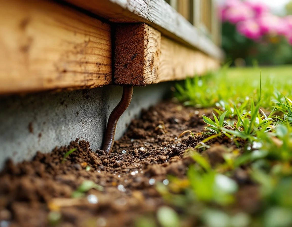 Close-up of termite mud tubes on home foundation where wood meets concrete during spring inspection season