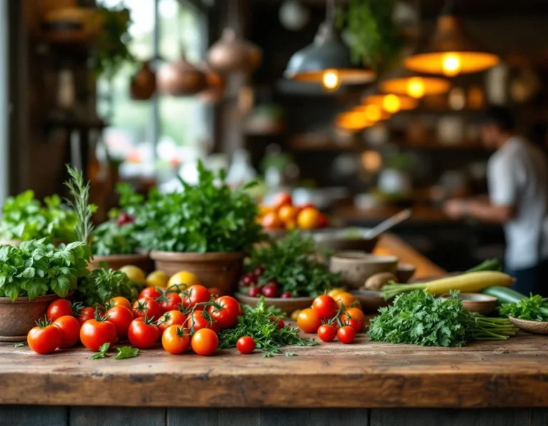 Fresh seasonal vegetables and herbs arranged on wooden prep station in farm-to-table restaurant kitchen
