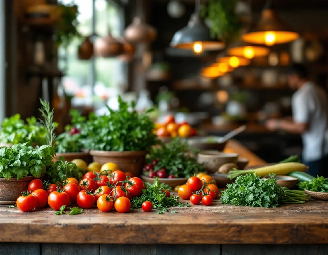 Fresh seasonal vegetables and herbs arranged on wooden prep station in farm-to-table restaurant kitchen
