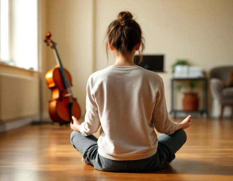 Music student practicing meditation pose on studio floor with cello nearby in soft afternoon light