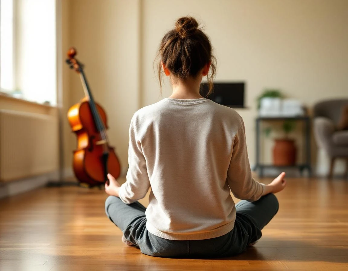 Music student practicing meditation pose on studio floor with cello nearby in soft afternoon light