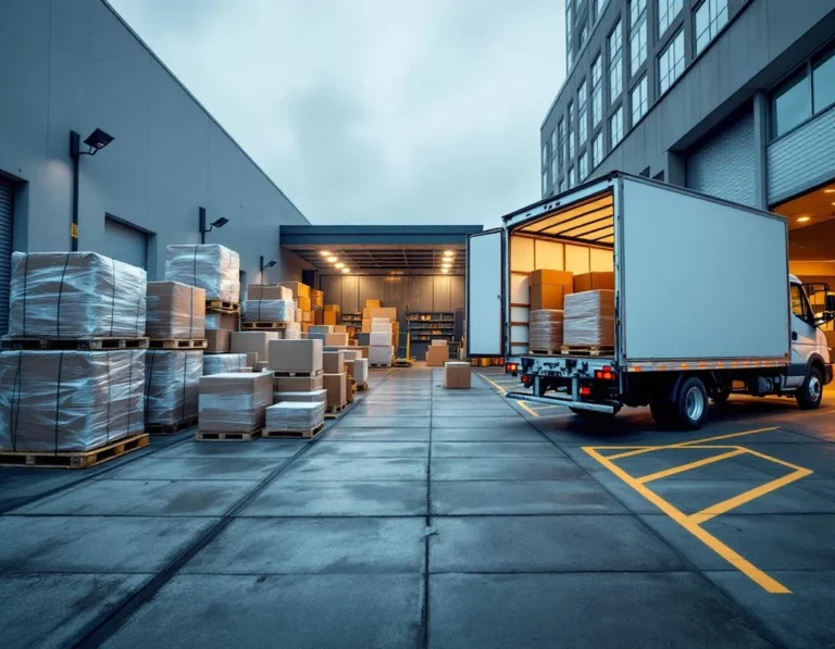 Commercial office loading dock with moving truck and organized equipment during early morning business relocation