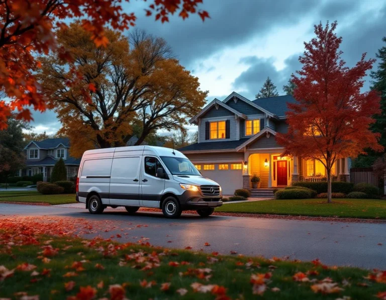 Service van parked at residential home during autumn evening with garage door visible and fall foliage