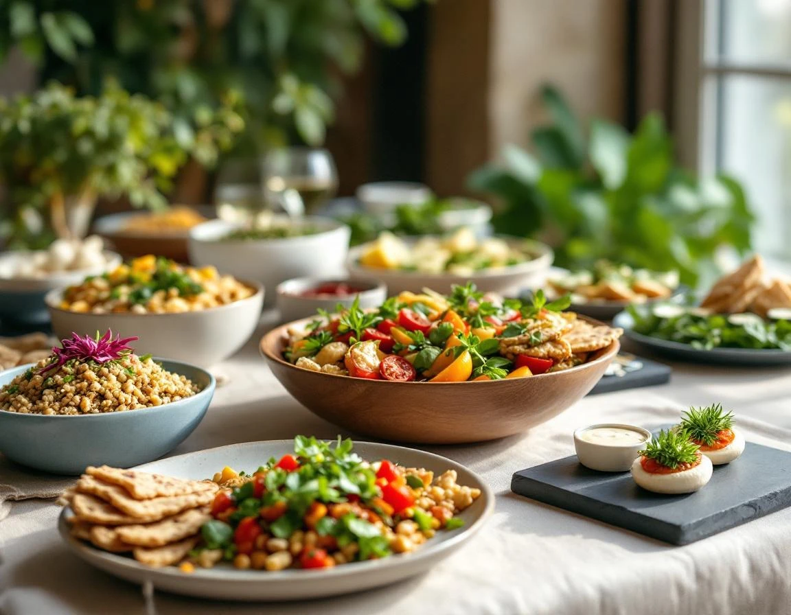 Catering buffet with separated dietary accommodation stations including vegan, gluten-free, and kosher options