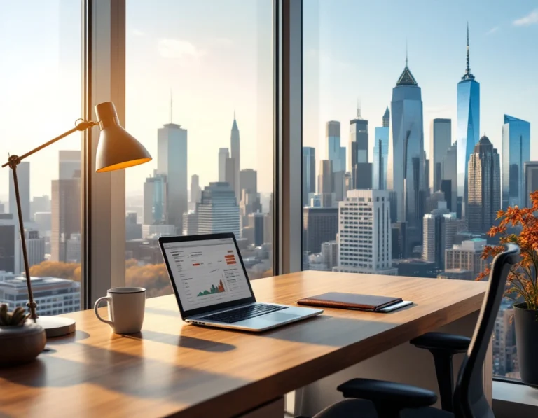 Professional workspace with laptop and city views showing financial planning environment