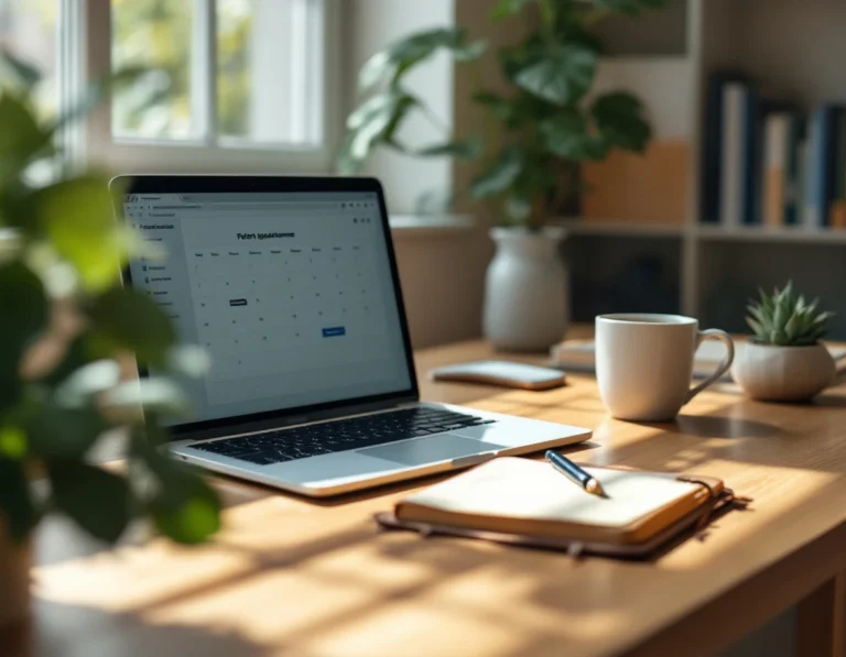 Home office desk with laptop showing scheduling software and professional workspace materials