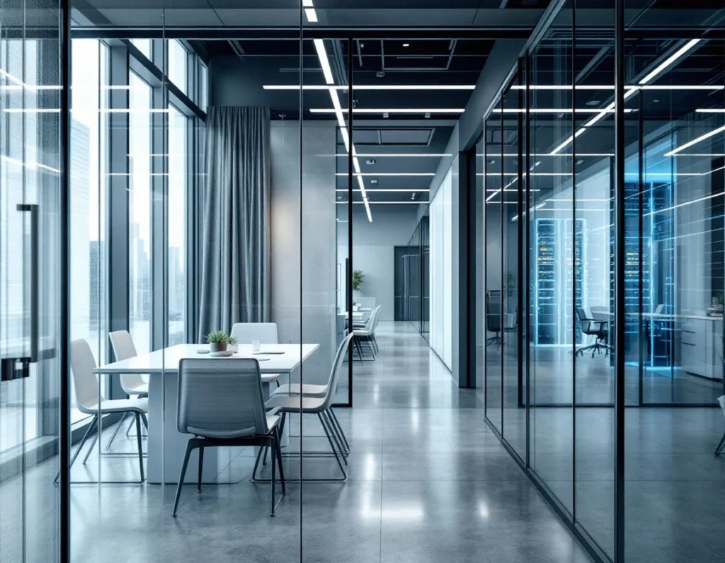 Modern glass-partitioned office space showing secure technology operations area with professional workspace design