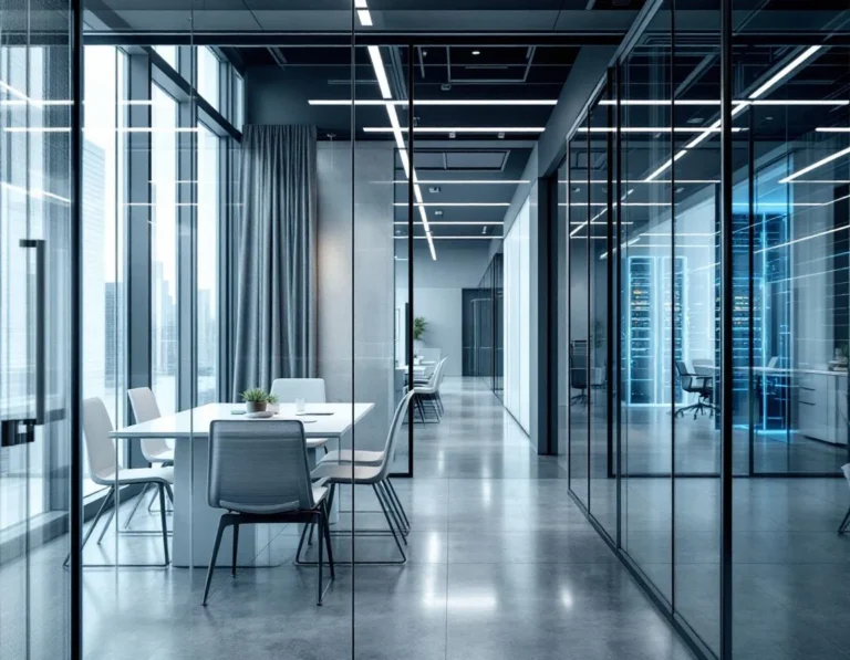 Modern glass-partitioned office space showing secure technology operations area with professional workspace design