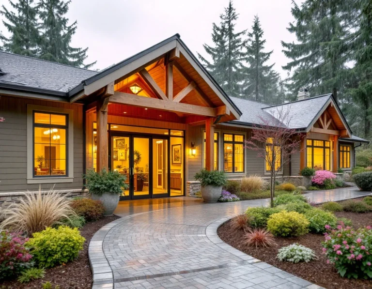 Memory care facility entrance with accessible pathway and covered portico in Pacific Northwest setting