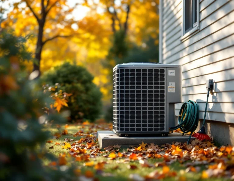 Residential HVAC unit beside colonial home with early autumn foliage in background