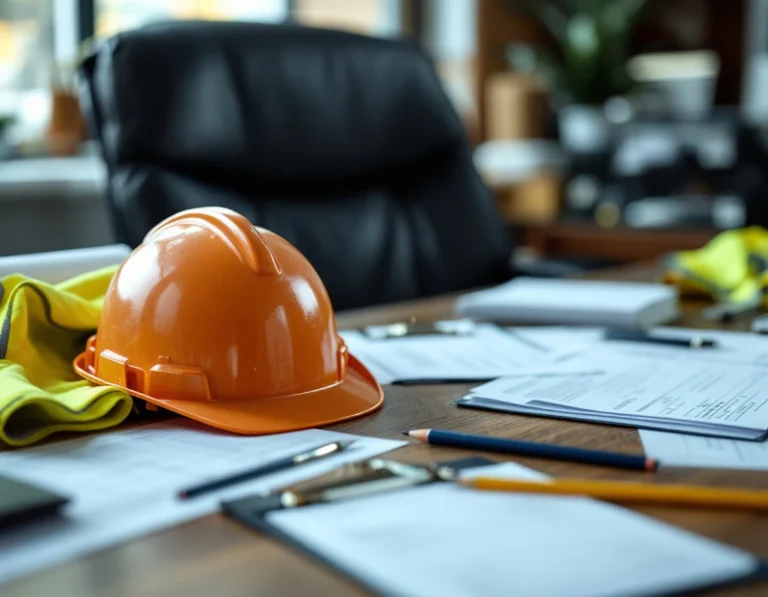 Construction safety equipment including hard hat and blueprints arranged on insurance office desk