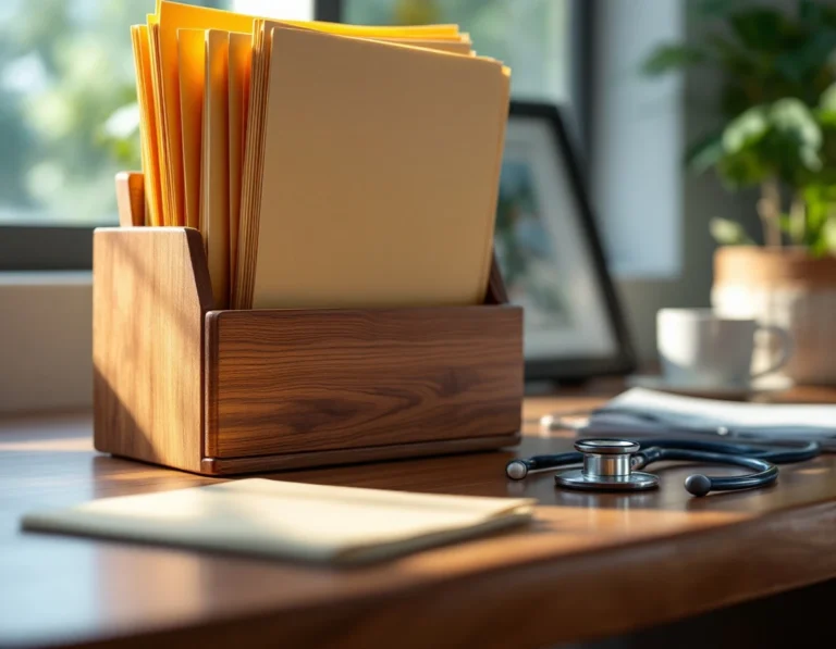 Wooden file organizer with veterinary materials and stethoscope on clinic desk in natural window light