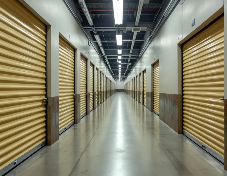 Climate-controlled self-storage facility interior with modern corrugated metal units and concrete flooring