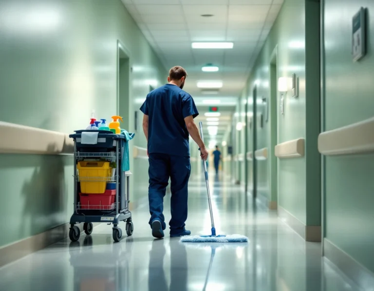 Hospital hallway with facilities worker performing infection-prevention cleaning protocols using approved methods