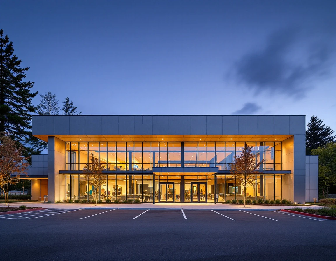 Modern community sports facility with glass walls and concrete exterior at dusk showing interior pool and fitness areas