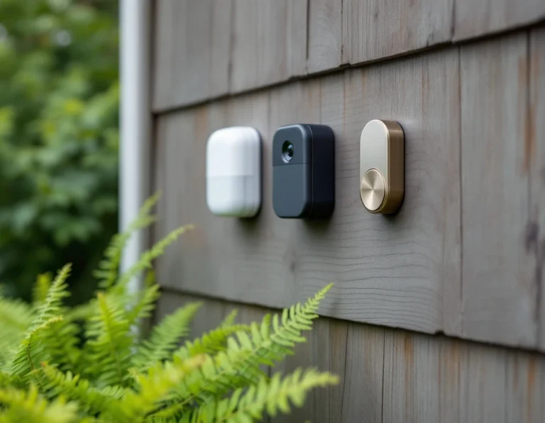 Multiple incompatible smart home security devices mounted on wooden exterior showing different finishes and styles