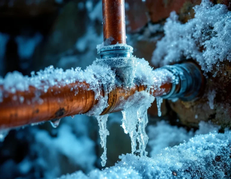 Frozen copper water pipe with ice crystals in residential basement during winter freeze event