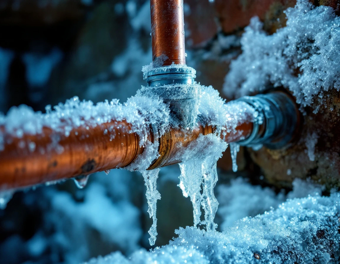 Frozen copper water pipe with ice crystals in residential basement during winter freeze event