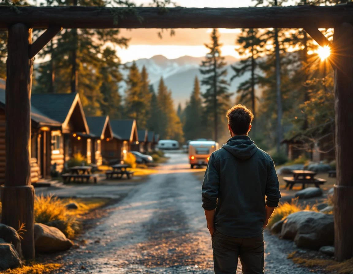 RV park host welcoming guests at mountain campground entrance during golden hour with cabins and peaks visible