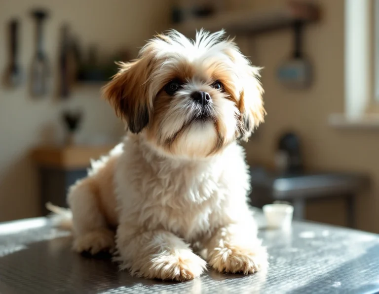 Shih Tzu on professional grooming table with natural lighting showing realistic coat texture and fur detail