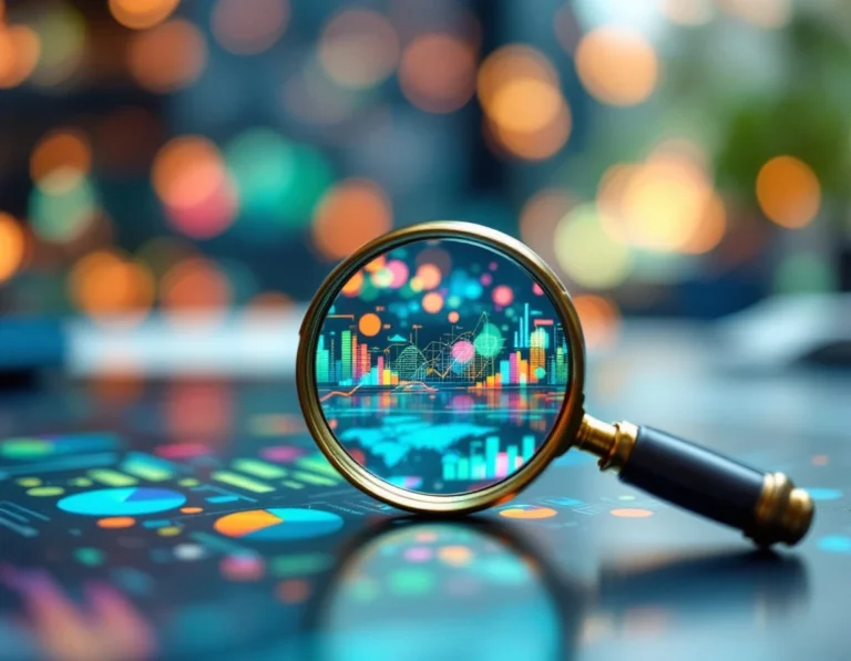 Magnifying glass examining blurred analytics patterns and abstract data visualizations on modern desk surface