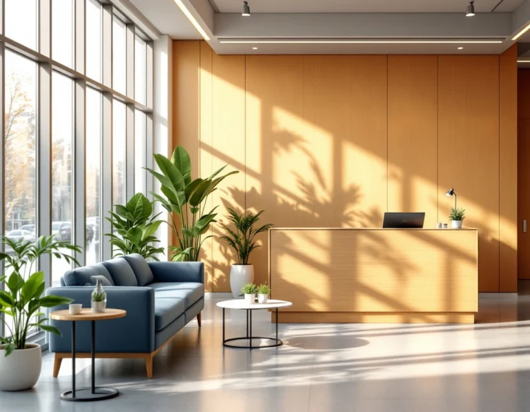 Modern medical office reception area with natural lighting and professional healthcare interior design