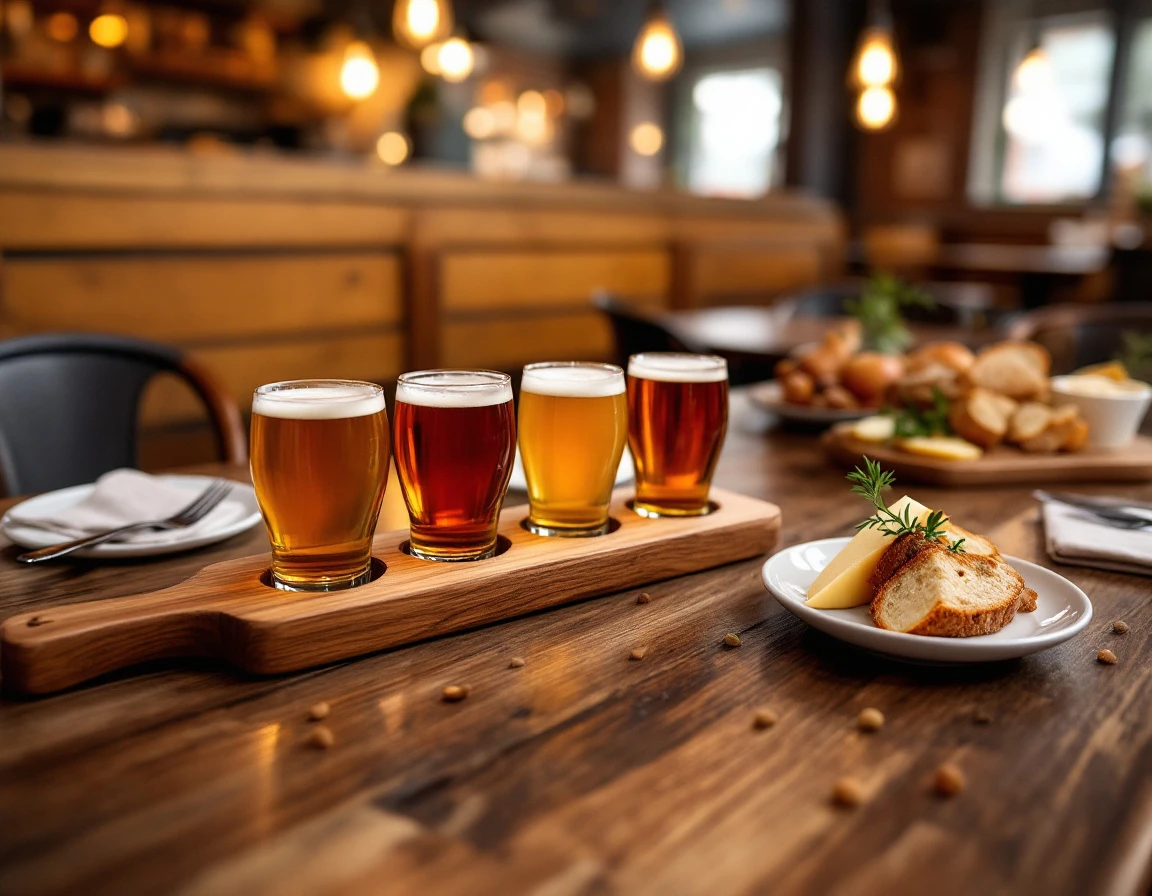 Craft beer flight with seasonal autumn food pairings arranged on rustic wooden table in Portland brewery