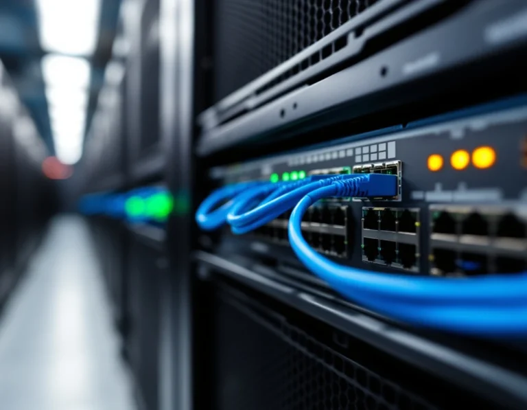 Network switch with organized blue Ethernet cables in professional server rack showing active LED indicators